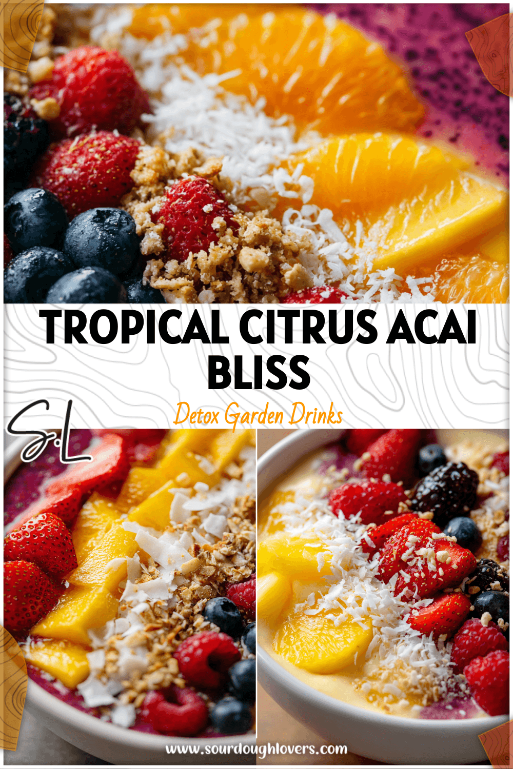 A vibrant tropical acai bowl topped with citrus, berries, and coconut flakes in a white bowl.